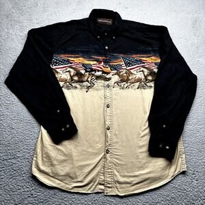Bit & Bridle USA Flag Horse Button Down Long Sleeve Shirt Mens Medium Black